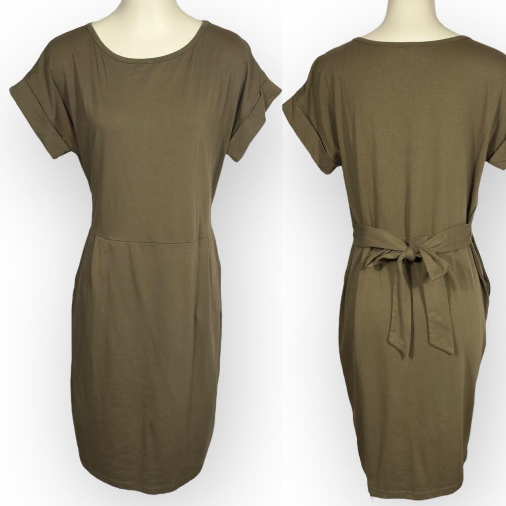 Dress (M) Olive Knee-Length Ties in Back/Front Pockets Cotton-Poly-Spandex
